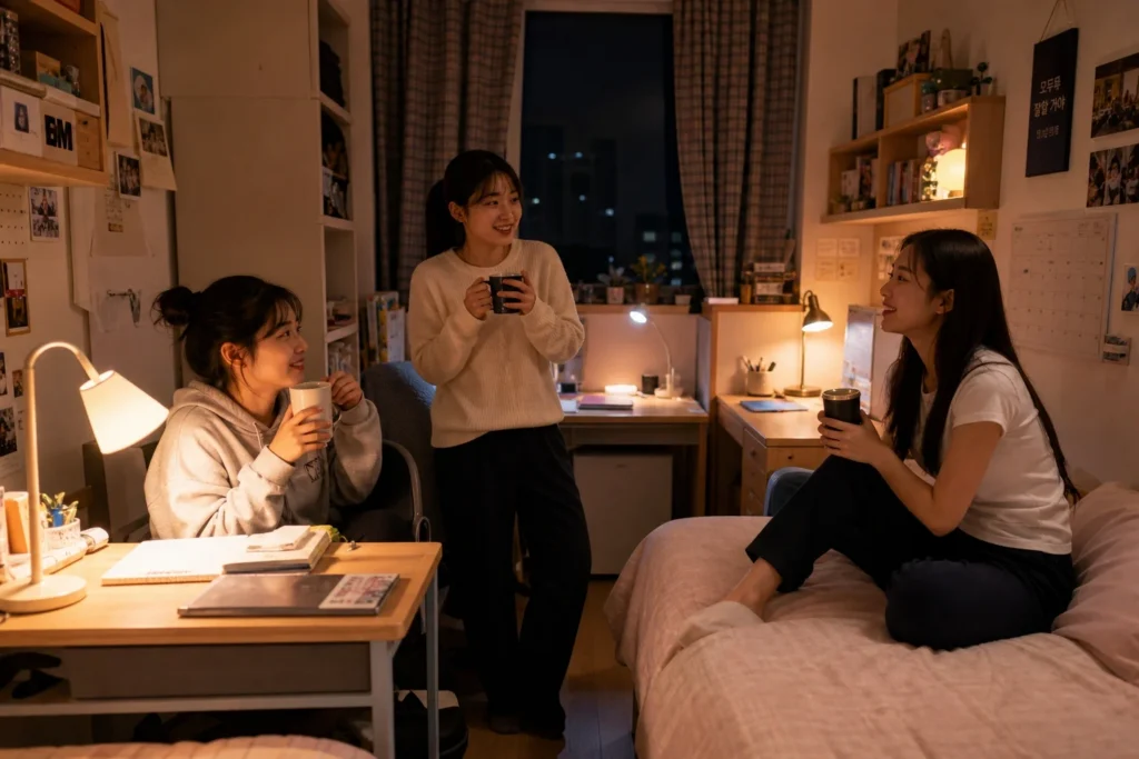 밤 시간 기숙사 방에서 3명의 여학생 룸메이트가 각자 머그컵을 들고 편안하게 대화하고 있다. 한 명은 책상에 앉아 있고, 한 명은 서서, 한 명은 침대에 앉아 있으며, 따뜻한 스탠드 조명과 창밖 야경이 아늑한 분위기를 만든다.