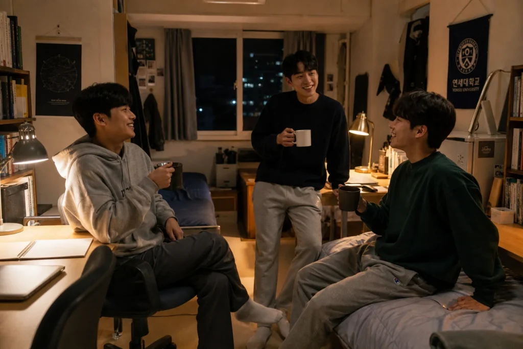 밤에 깔끔하게 정리된 남자 기숙사 방에서 3명의 남학생이 각자 책상 스탠드 불빛 아래 커피를 마시며 편안하게 대화하고 있다.