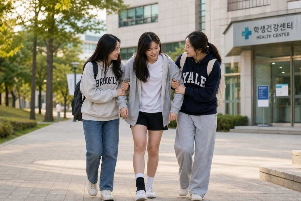 캠퍼스 산책로에서 다리를 약간 다친 학생을 양옆의 두 룸메이트가 팔을 받쳐 부축하며 대학 건강센터로 함께 걸어가고 있다. 다친 학생은 고마워하는 표정이고, 부축하는 학생들은 걱정하며 안심시키는 표정이다.