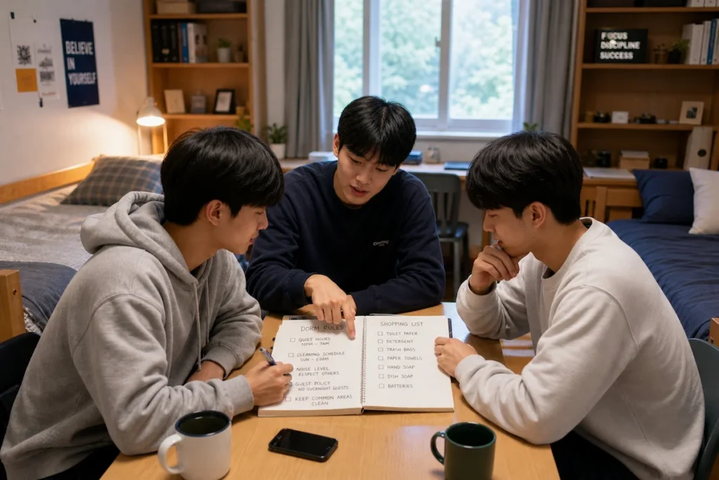 깔끔하게 정돈된 기숙사 방에서 3명의 룸메이트가 함께 모여 노트와 펜을 앞에 두고 기숙사 생활 수칙과 공동 구매 물품 리스트를 작성하며 협의하고 있다. 한 명은 쓰고, 한 명은 리스트를 가리키며, 한 명은 고개를 끄덕이며 성숙하고 협력적인 표정으로 대화 중이다.
