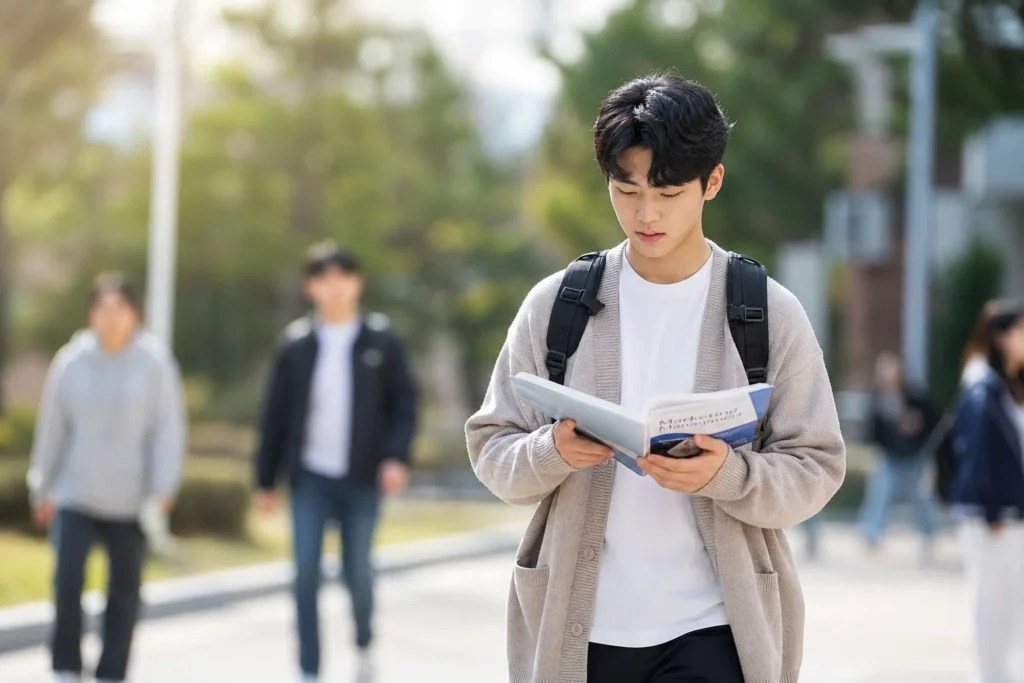 복수전공 대학생이 캠퍼스를 가로질러 걸으면서 교과서나 강의 자료를 읽고 있는 자연스러운 사진으로 헌신과 효율적인 시간 관리를 보여준다.