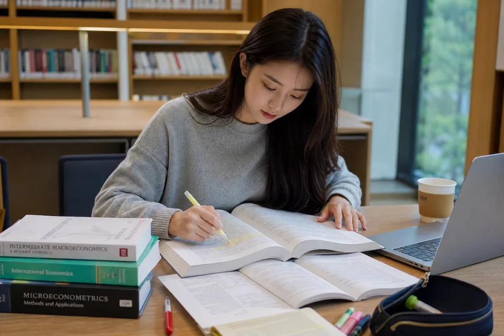 전공 교재 공부를 하고 있는 경제학과 학생