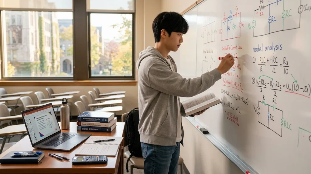 빈 강의실 화이트보드에서 회로 분석 문제를 푸는 전기전자공학과 학생