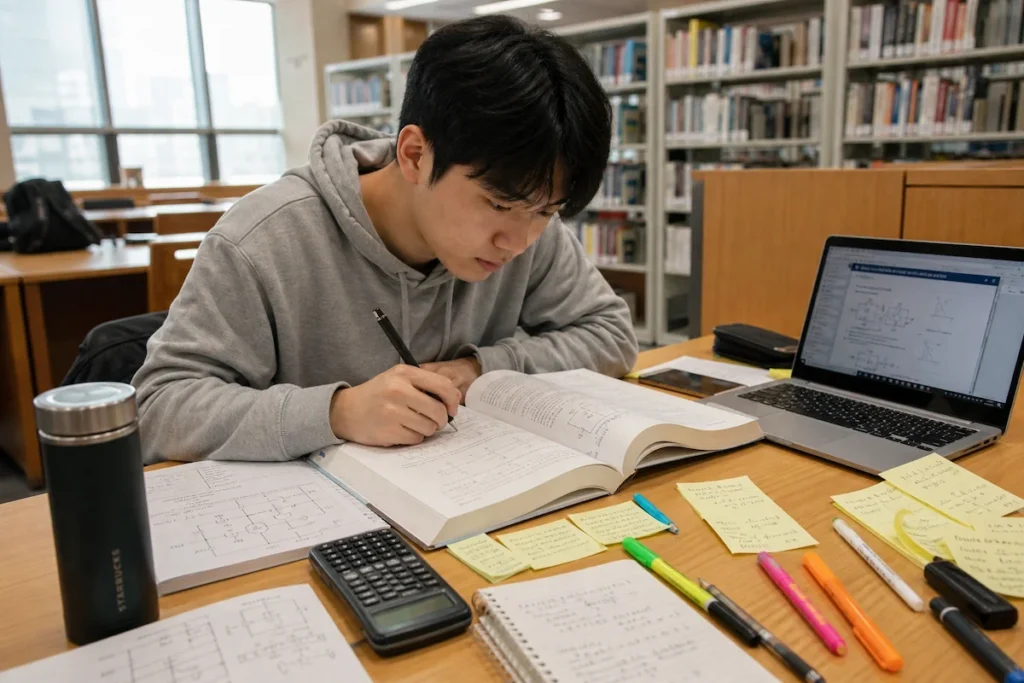 현대적인 대학 도서관의 나무 스터디 책상에서 20대 초반 한국인 전자공학과 학생(캐주얼 캠퍼스 복장)이 늦은 오후 집중적으로 공부