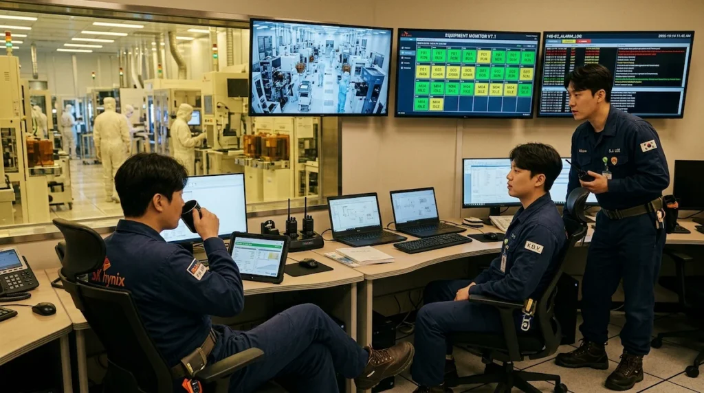 공정 상황을 모니터링 하면서 대기하고 있는 반도체 장비 엔지니어 팀
