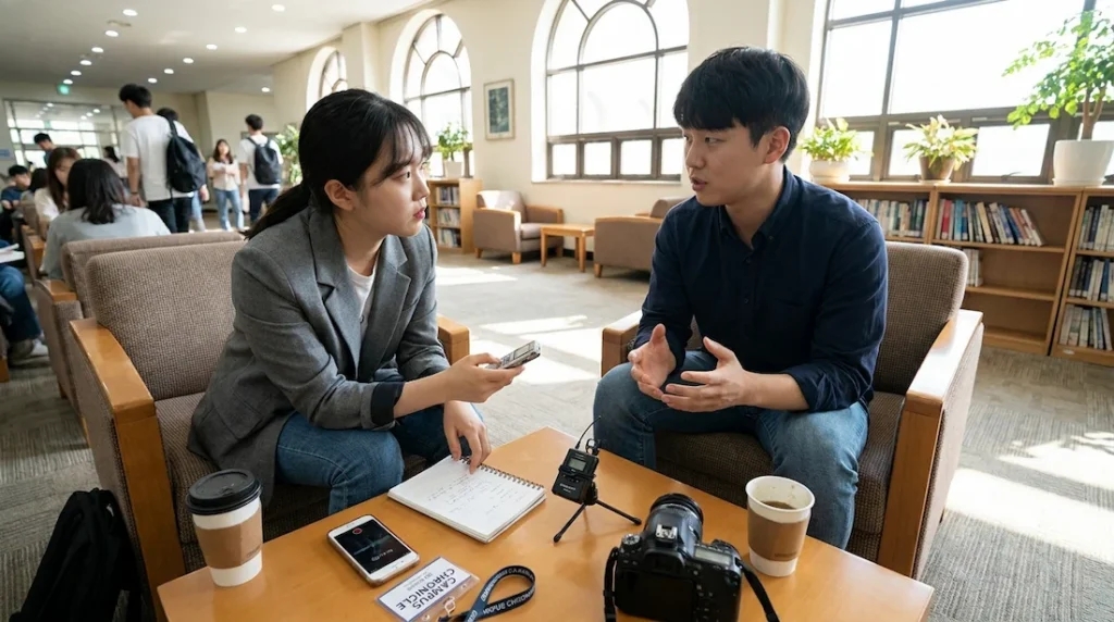 대학생 기자로 인터뷰를 진행하며 대외활동 취재 경험을 쌓는 학생