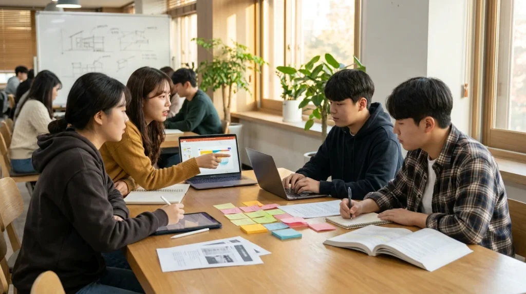 공모전 준비를 위해 협업하며 아이디어를 나누는 대외활동 팀