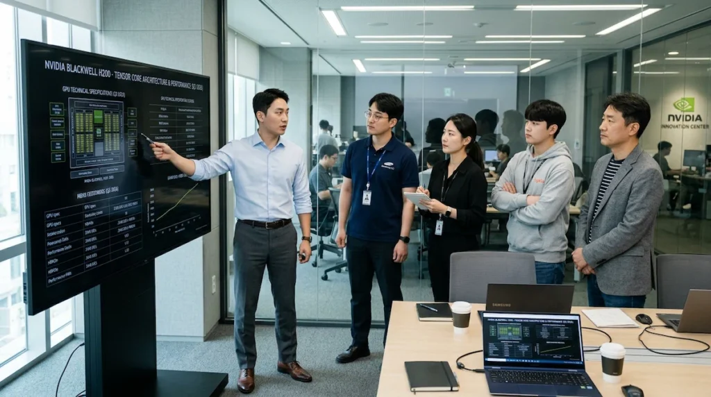 반도체 FAE 엔지니어가 고객사 개발자 3-4명과 함께 대형 모니터 앞에 서서 차세대 GPU 기술 사양을 검토하고 협의하는 스탠딩 미팅 모습