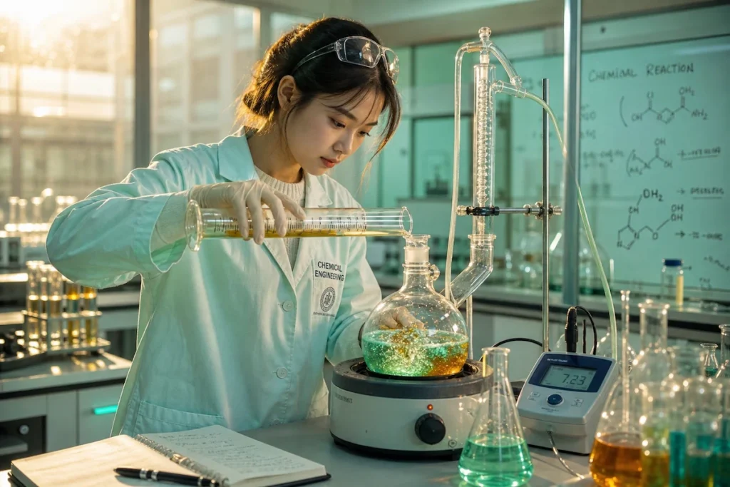 화학공학과 여학생이 실험실에서 환류 증류 장치를 사용해 분리 공정 실험을 진행하며 시약을 투입하는 모습