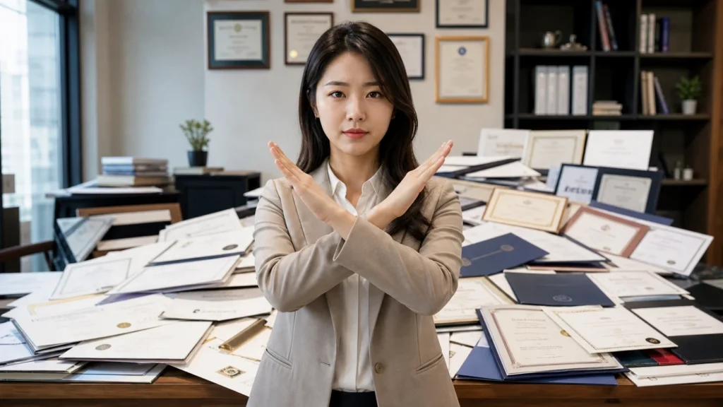 여성 전문가가 자격증 서류가 무질서하게 흩어진 책상 앞에서 양팔로 X자를 만들며 '안 돼요' 제스처를 하고 있다. 무분별한 자격증 수집이 아닌 전략적 선택의 중요성을 경고하는 모습.