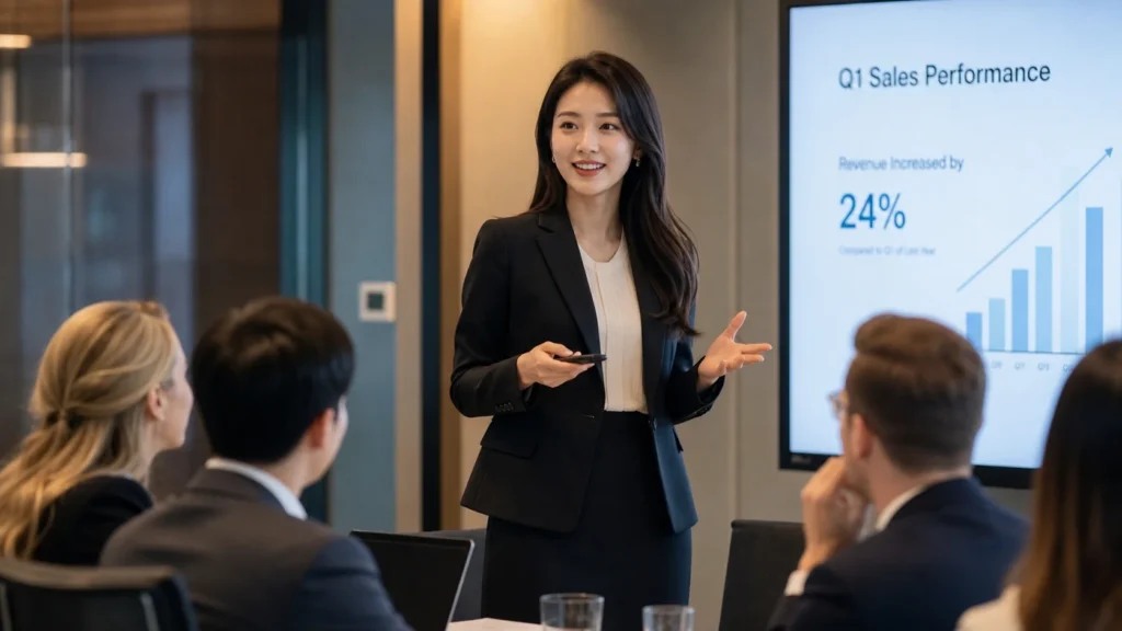 현대적 회의실에서 전문 비즈니스 복장(블레이저)을 입은 한국 여성 전문가가 프레젠테이션 스크린 옆에 서서 프레젠테이션 클리커를 들고 자신감 있게 발표하는 모습. 