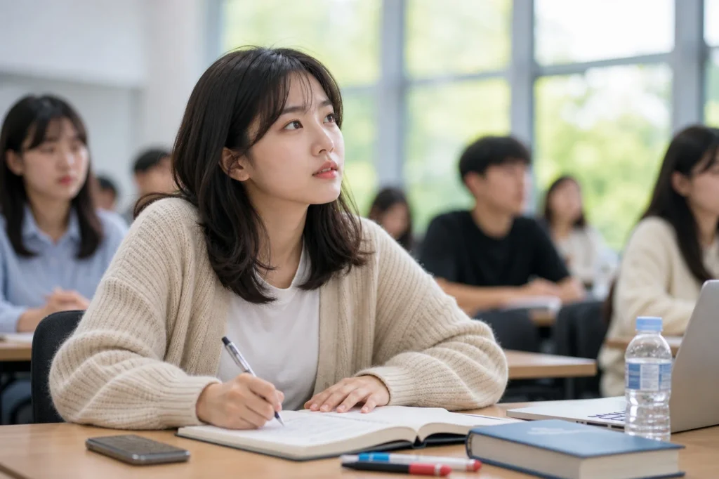 펜으로 노트 필기하며 집중해서 강의를 듣고 있는 여학생 