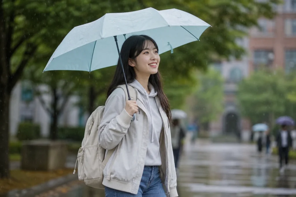 여대생이 비 오는 캠퍼스에서 적당한 크기의 우산을 받고 폼 잡힌 배낭을 편안하게 메고 밝은 미소를 지으며 즐겁게 걷고 있다.