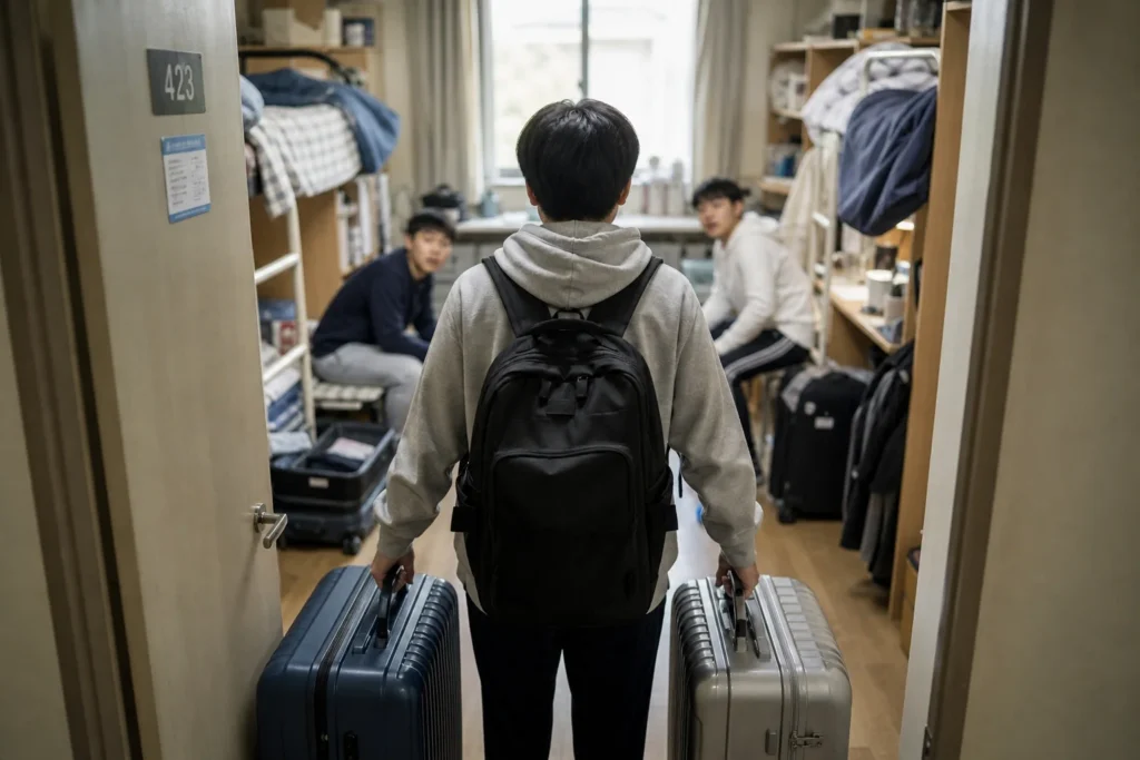 신입생이 기숙사 방문을 열고 등에 백팩, 양손에 큰 캐리어 2개를 든 채 서 있다. 좁은 방 안쪽에는 두 명의 룸메이트가 짐을 풀다가 이쪽을 돌아보고 있으며, 방은 이미 침대와 짐들로 가득 차 있다.