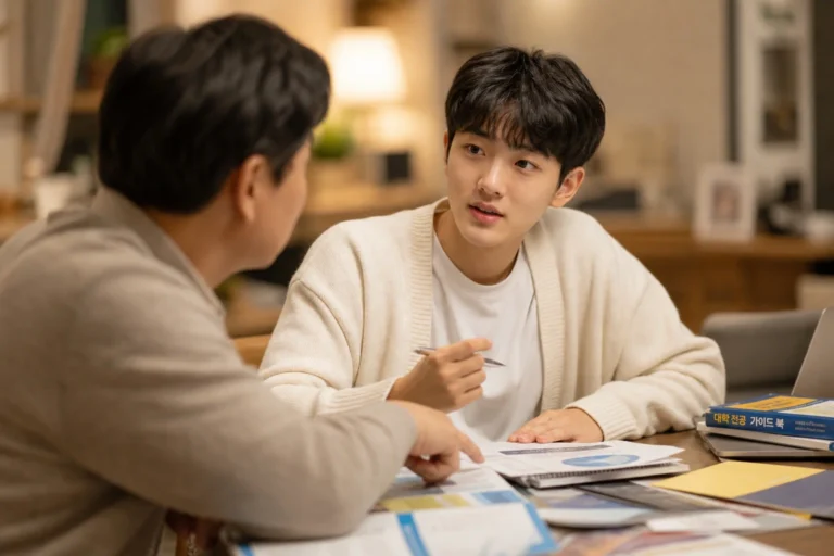 부모와 함께 진로를 상담하며 서로의 생각을 나누는 고등학생, 가족의 지지 속에서 이루어지는 전공 선택.