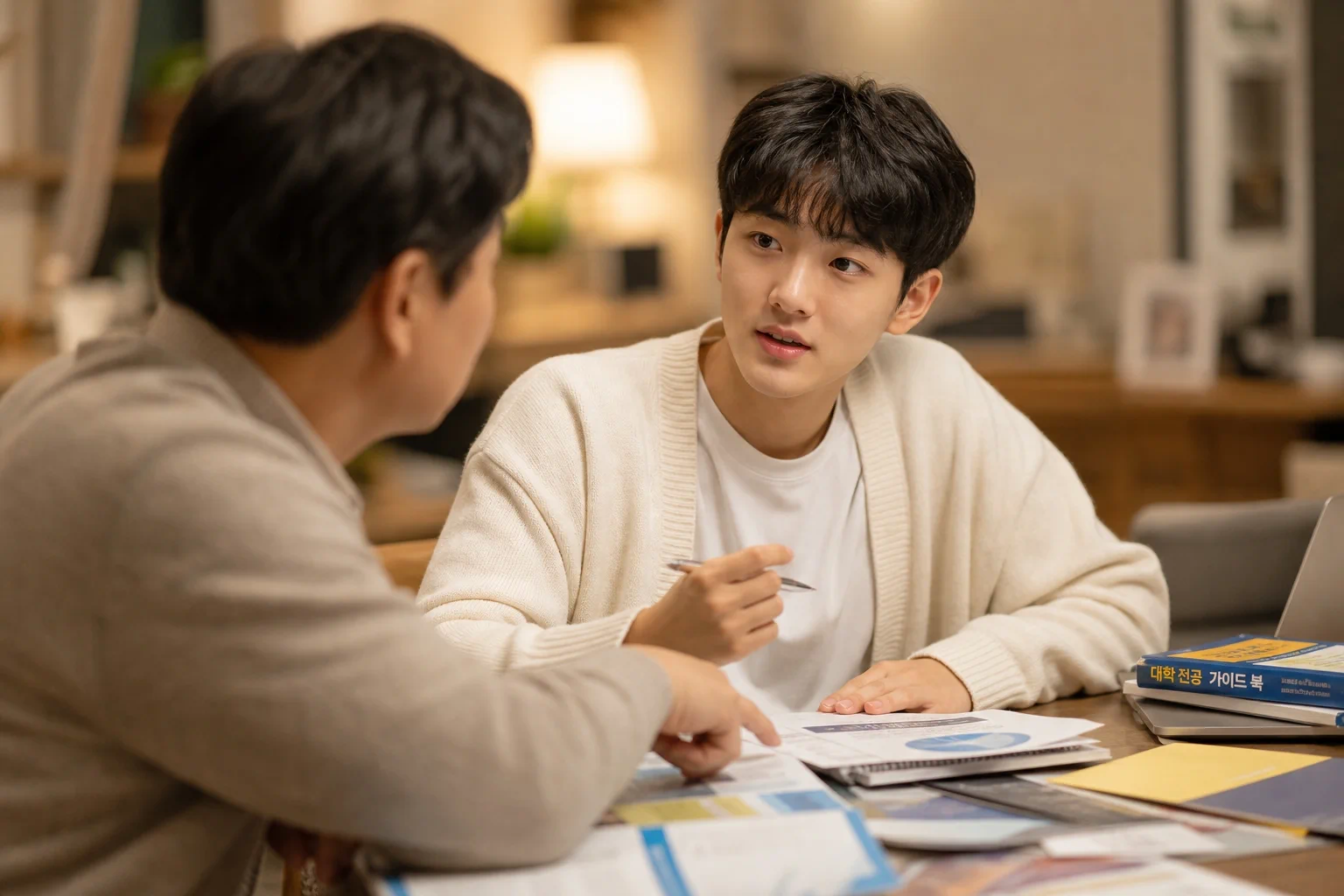부모와 함께 진로를 상담하며 서로의 생각을 나누는 고등학생, 가족의 지지 속에서 이루어지는 전공 선택.