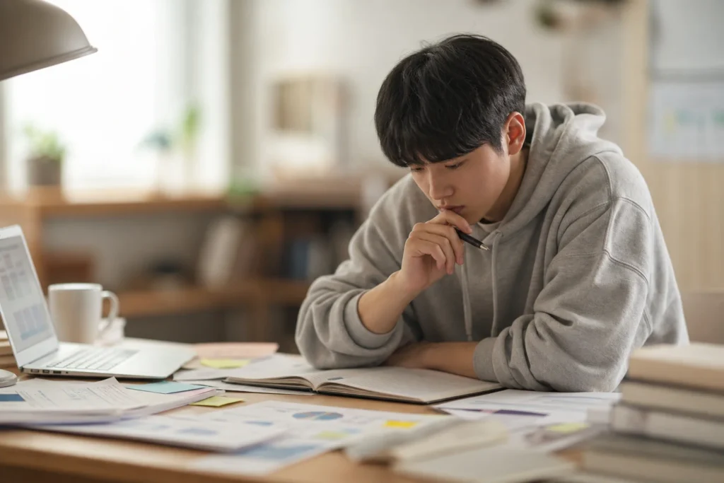 대학 입학을 앞두고 혼자 자신의 적성과 흥미를 탐색하며 진로와 전공 선택을 고민하는 고등학생의 진지한 자기 성찰.