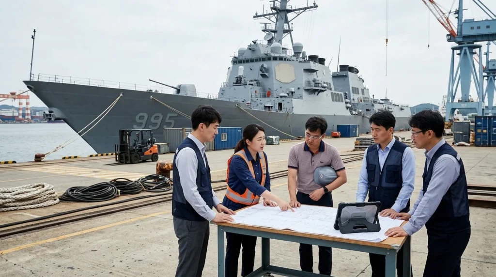 첨단 조선소 부두에 정박한 정조대왕함(DDG-995) 이지스 구축함을 배경으로 함정 개발 엔지니어들이 기술 협의를 진행하고 있다