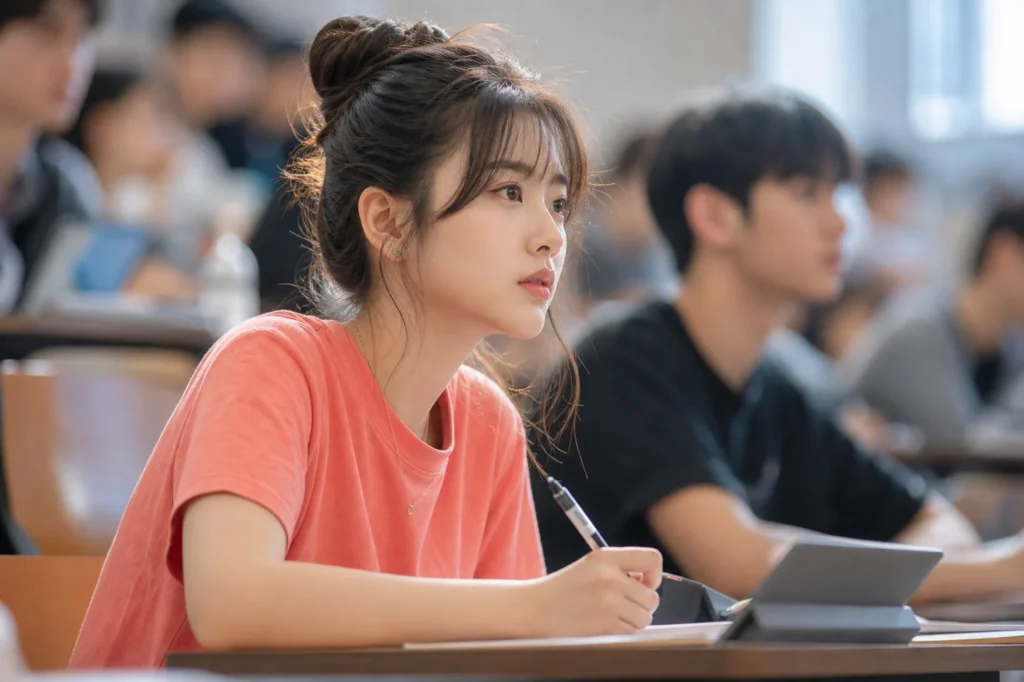 강의실에서 수업에 집중하는 대학생