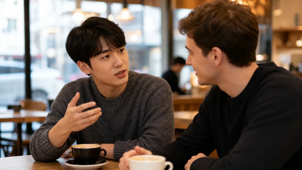 아늑한 카페 테이블에 앉아 커피를 마시며 한국 학생과 외국인 친구가 자연스럽게 영어로 대화하는 장면.