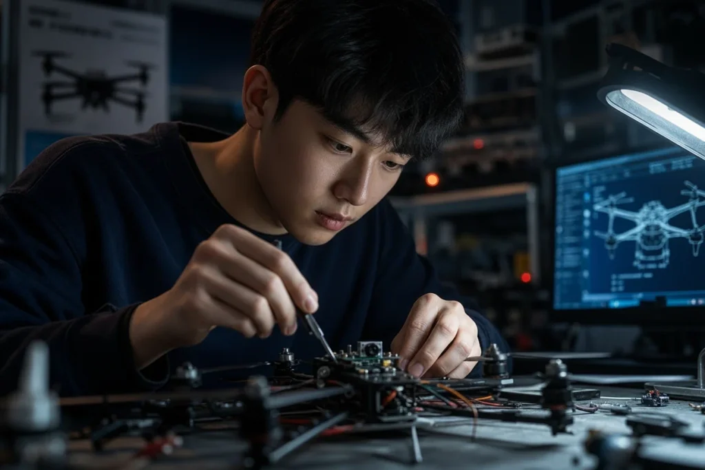 밤 늦은 시간 랩에서 드론 제작을 하는 항공우주공학 전공 학생