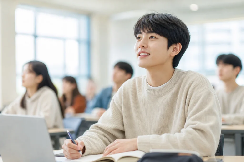 자유전공 대학생이 현대적인 강의실에 앉아 강의에 적극적으로 참여하며 집중하고 있는 밝은 모습.