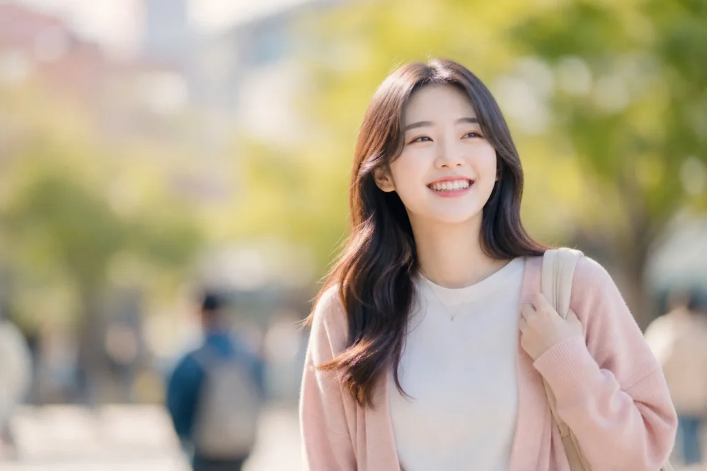 자유전공 여대생이 아름다운 캠퍼스를 걷거나 서 있으며 밝고 따뜻한 미소를 짓고 있는 모습. 크림색 또는 연한 핑크 가디건, 화이트 셔츠, 또는 소프트 파스텔 후디를 입고 간단한 백팩이나 숄더백을 메고 있으며, 자세는 편안하고 열려 있어 자유롭고 여유로운 느낌을 준다. 