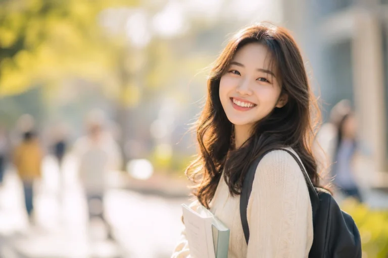 자유전공 소개 전공선택 가이드 대표 이미지, 한국 여대생이 자연스럽고 편안한 캠퍼스 환경에서 따뜻하고 자연스러운 미소와 함께 편안하고 행복한 표정을 짓고 있으며, 눈에서 진정한 만족감과 학문적 자유의 기쁨이 드러나는 모습.
