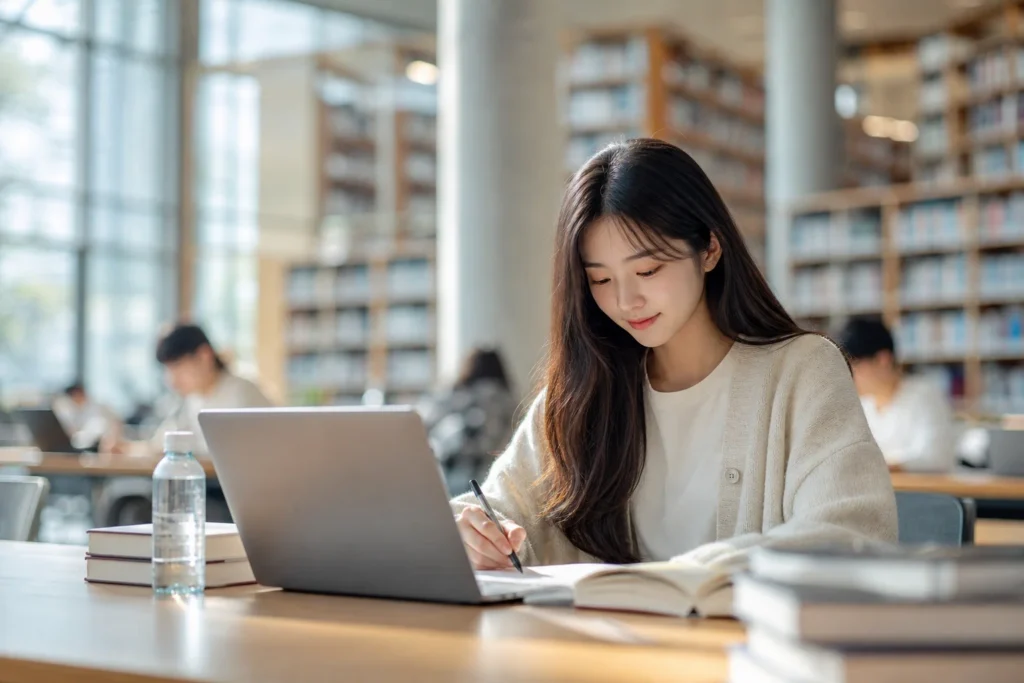 자유전공 대학생이 대학 도서관의 책상이나 테이블에 앉아 평화롭게 공부하고 있는 고요한 모습.