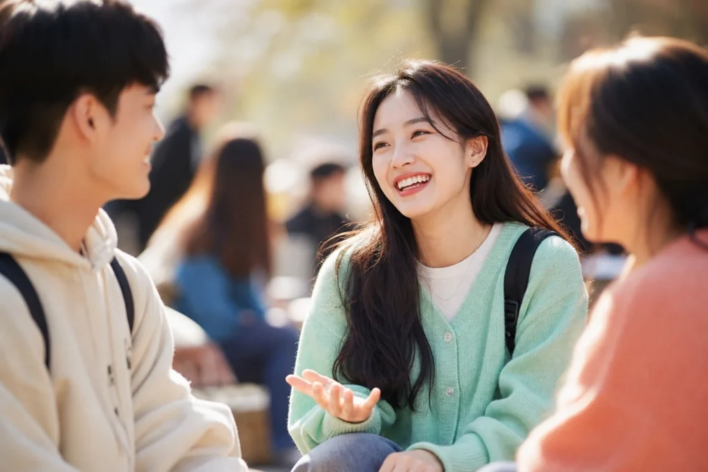 자유전공 대학생 2-3명(남녀 혼합)이 캠퍼스에서 함께 앉아 친근하고 활기찬 대화를 나누고 있는 따뜻한 모습. 