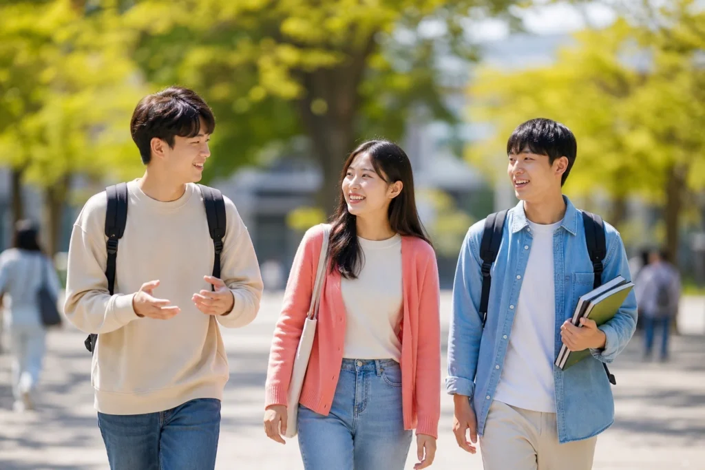 자유전공 대학생 3명(남녀 혼합 선호)이 캠퍼스를 가로질러 나란히 함께 편안하고 쾌활한 방식으로 걷고 있다.