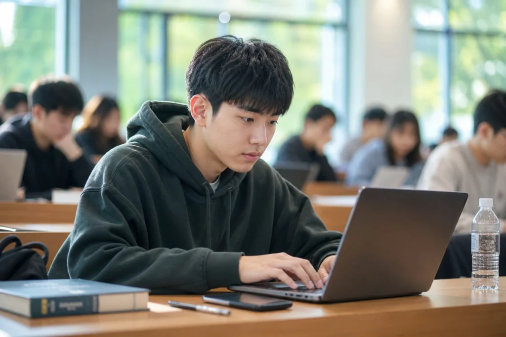 노트북을 타이핑 하면서 강의에 집중하고 있는 남학생