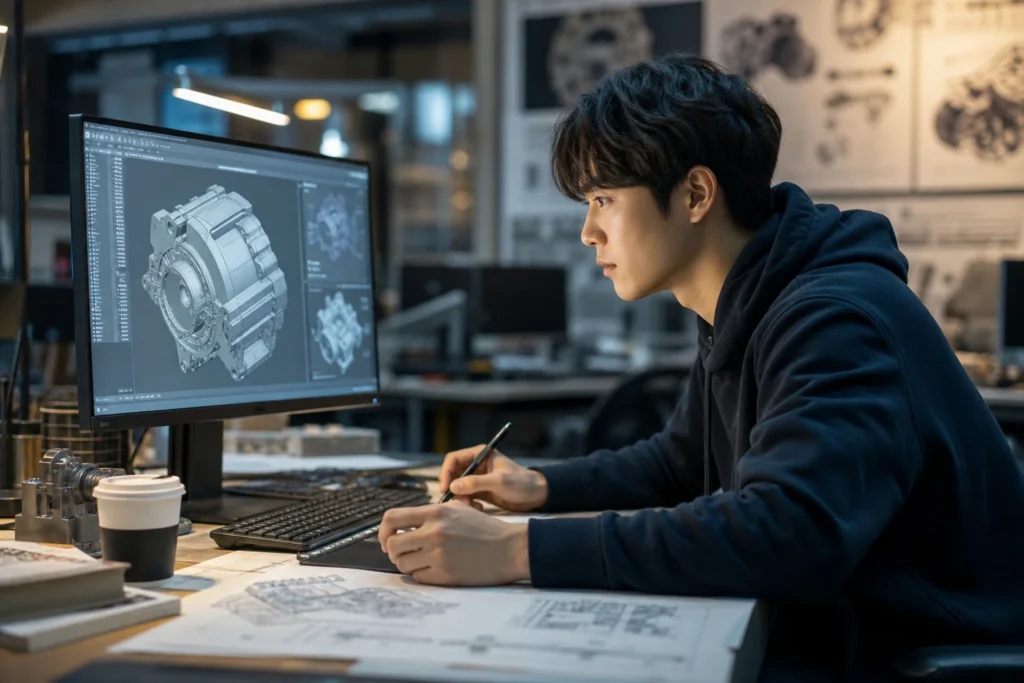 컴퓨터실에서 CAD 프로그램으로 기계 부품 설계를 하고 있는 기계공학과 학생