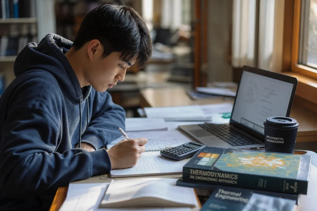 도서관에서 열역학 교과서와 노트북으로 열역학 공부하고 있는 기계공학과 학생