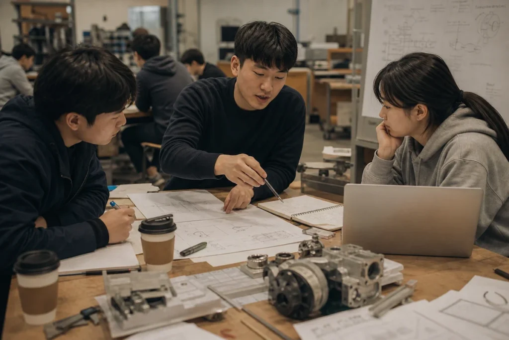 기계공학과 학생들이 테이블에 둘러앉아 팀 프로젝트 토론을 하고 있다.
