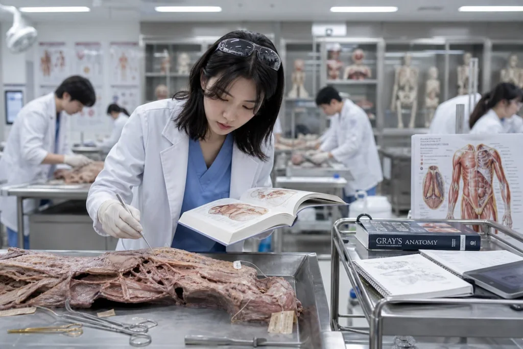 흰 가운과 연한 블루 스크럽을 입고 보호 장갑과 안전 안경을 착용한 여학생 의대생이 해부학 실습실의 스테인리스 해부 테이블에서 메스를 들고 해부학 구조를 관찰하며 Gray's Anatomy 교재를 참고 중. 옆 카트에 해부학 차트·노트북·3D 해부학 앱 태블릿. 밝은 해부 실습실 배경에 골격 모형·장기 모형·다른 학생들 실습 중.