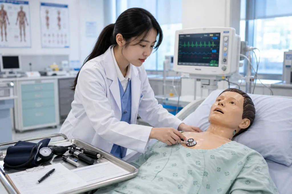 흰 가운과 연한 블루 스크럽을 입은 여학생 의대생이 병원 임상술기실에서 고급 시뮬레이터 마네킹의 가슴에 청진기를 대고 청진 연습 중. 오른손으로 청진기를 잡고 왼손으로 마네킹을 안정시키며, 옆 의료 트레이에 혈압계·반사망치·펜라이트·차트·활력징후 모니터가 보임. 밝은 시뮬레이션 센터 배경.