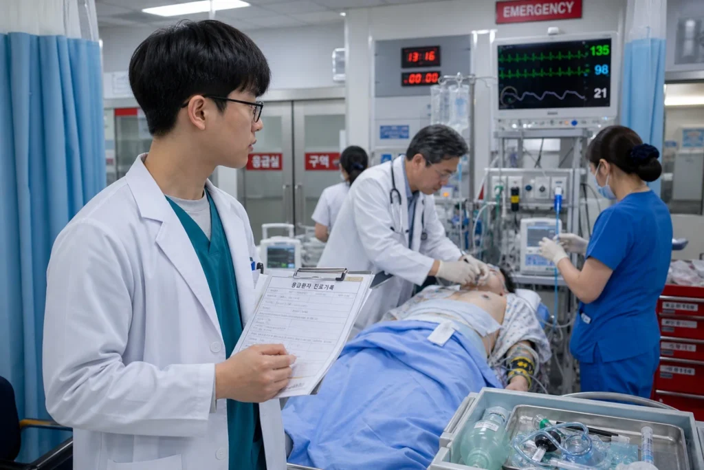 검은 사각 안경을 쓴 남학생 의대생이 흰 가운과 틸색 스크럽 차림으로 응급실 침상 옆에서 양손으로 클립보드와 환자 접수 양식을 가슴 높이에서 들고 응급 처치를 관찰 중. 배경에 청진기를 목에 건 응급의학과 전문의가 환자 진찰, 간호사가 IV 조정, 제세동기·활력징후 모니터·산소통·응급 약물 카트. 밝은 응급실 LED 조명.