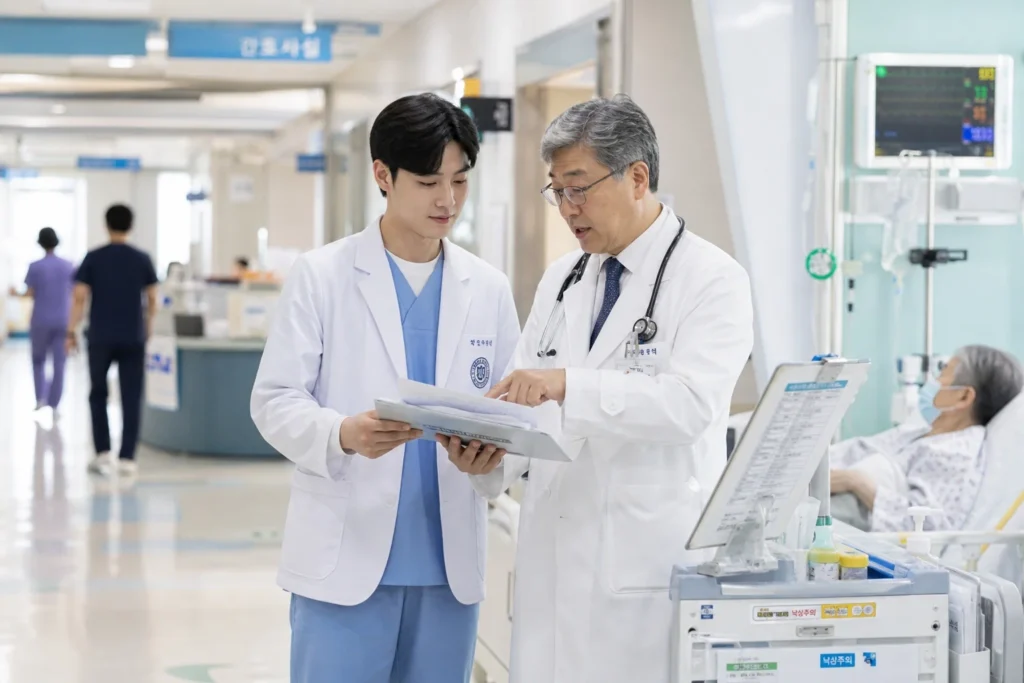 흰 가운과 라이트 블루 스크럽을 입은 남학생 의대생이 병동 복도에서 50대 회색 머리 교수님(청진기 목에 걸음) 옆에 서서 환자 차트와 클립보드를 양손으로 들고 경청하며 학습 중. 배경에 환자 병실·간호사 스테이션·병원 침대·IV 폴·활력징후 모니터·의료 장비 카트. 밝은 병원 복도.