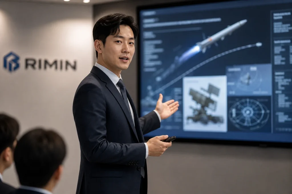30대 초반 한국인 남성 기술영업 엔지니어가 정장 차림으로 RIMIN 로고가 있는 대형 모니터 앞에서 유도무기 미사일 기술을 설명하며 프레젠테이션하고 있다.