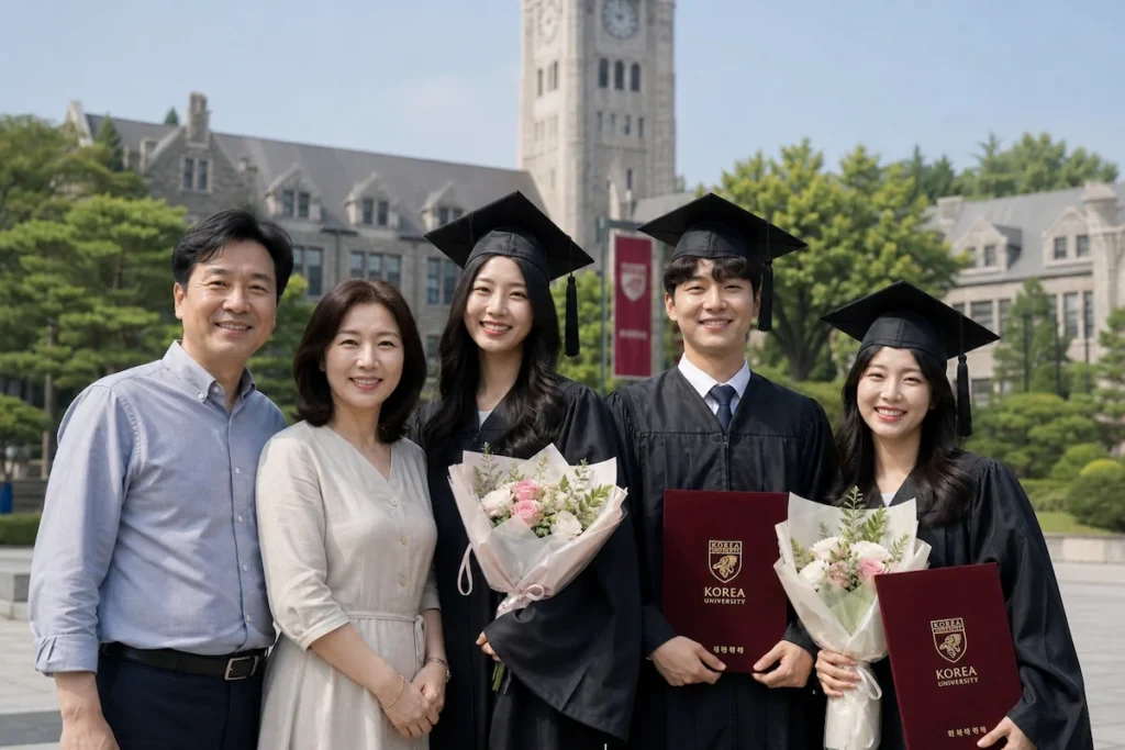 다자녀 국가장학금을 받은 세 자녀의 대학 졸업을 자랑스럽게 축하하는 다자녀 가정