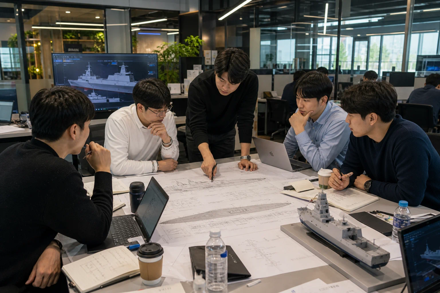 함정 설계도를 검토하며 건조 계획을 점검하는 함정 개발 엔지니어들