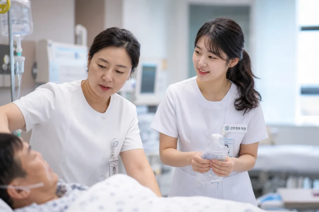 흰색 간호복을 입은 여학생 간호학과 학생이 병원 병실에서 30-40대 여성 선배 간호사와 함께 협업하며 환자 케어 중인 모습. 학생은 오른쪽에서 양손으로 링거백이나 의료 용품을 들고 선배 간호사를 도우며 배우려는 표정으로 집중. 선배 간호사는 왼쪽에서 침대에 누운 50대 남성 환자의 의료 장비를 조정하거나 환자를 확인 중. 환자는 흐릿하게 보임. 배경은 매우 흐릿하게 블러 처리된 병원 병실.