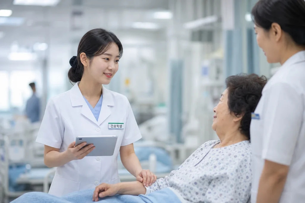 흰색 간호복과 연한 블루 스크럽을 입은 여학생 간호학과 학생이 병원 병실에서 침대에 앉아 있는 노인 여성 환자 옆에 서서 오른손으로 환자의 손목을 잡고 맥박을 확인하거나 환자의 손을 잡으며 따뜻하게 소통하고 왼손에는 차트나 태블릿을 들고 있는 모습. 환자를 바라보며 따뜻하고 전문적인 표정. 옆에 40대 여성 지도 간호사가 흐릿하게 보이며 학생의 실습을 관찰 중. 배경은 매우 흐릿하게 블러 처리된 병원 병동.