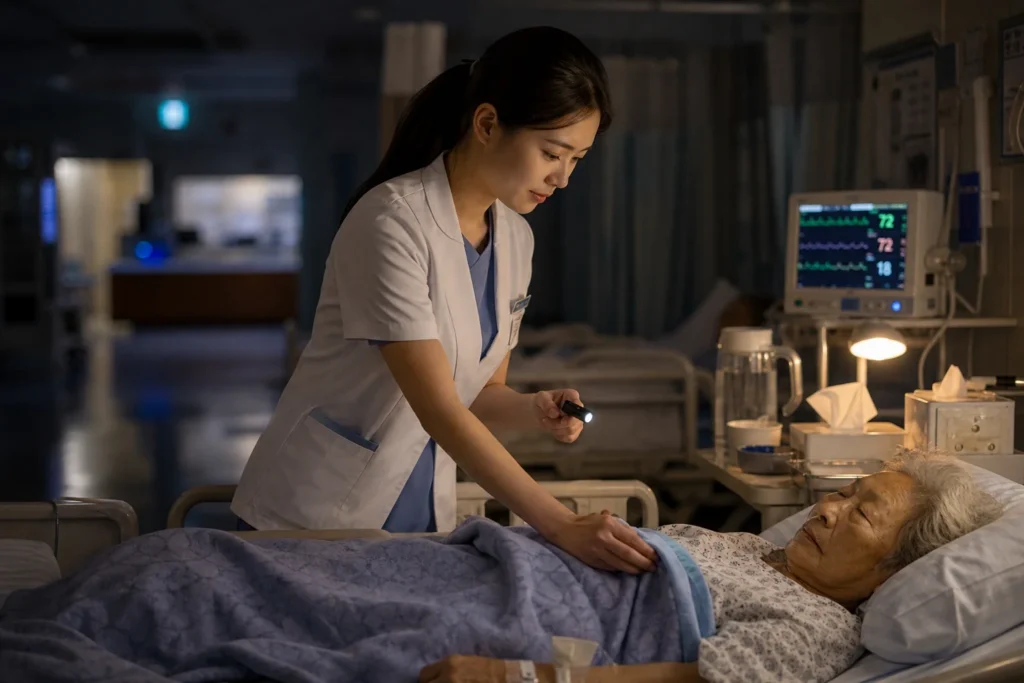 흰색 간호복과 연한 블루 스크럽을 입은 여학생 간호학과 학생이 밤 늦은 시간 조용한 병원 병동에서 침대에 누워 평화롭게 자고 있는 노인 환자 옆에 서서 오른손으로 환자의 담요를 부드럽게 덮어주거나 링거를 확인하고 왼손에는 펜라이트나 차트를 들고 있는 모습. 피곤하지만 헌신적이고 따뜻한 표정으로 환자를 내려다보고 있음. 침대 옆 테이블에 약물 트레이, 물병, 야간등이 보임. 어두운 야간 병동의 부드럽고 희미한 조명 배경.