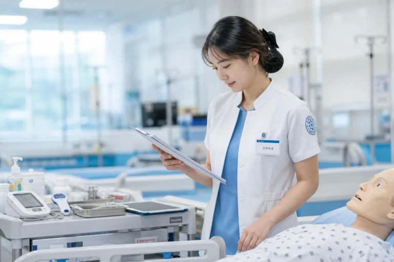 간호학과 전공선택 가이드 대표 이미지, 흰색 간호복과 연한 블루 스크럽을 입은 여학생 간호학과 학생이 병원 실습실에서 병상 옆에 자연스럽게 서서 오른손으로 차트를 확인하고 왼손은 침대 난간 근처에 두어 환자를 배려하는 자세를 취하고 있는 모습. 옆 의료 카트에 혈압계, 체온계, 약물 트레이가 보이며 밝은 병원 실습실 배경.