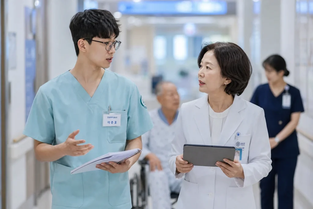 검정 안경을 쓴 남학생 간호학과 학생이 흰색 간호복이나 연한 틸 스크럽 차림으로 병원 복도에서 40-50대 여성 간호학 교수와 함께 서서 회진 중인 모습. 학생은 왼손에 환자 차트나 노트를 들고 오른손으로 자연스럽게 제스처하며 케이스를 발표하고, 교수는 태블릿이나 클립보드를 들고 경청하며 교육 중. 뒤쪽으로 흐릿하게 휠체어에 앉은 노인 남성 환자와 다른 간호사가 보임. 배경은 매우 흐릿하게 블러 처리된 병원 복도.