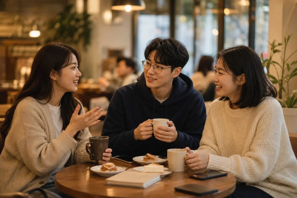 세 명의 간호학과 학생들이 아늑한 카페 작은 테이블에 둘러앉아 커피나 차를 마시며 편안하게 대화를 나누는 모습. 왼쪽 여학생은 베이지 카디건 차림으로 웃으며 제스처하고, 중앙 남학생은 네이비 후디 차림으로 머그를 감싸고 미소 지으며 경청 중, 오른쪽 여학생은 크림 니트 차림으로 부드럽게 웃고 있음. 테이블 위에 커피잔, 디저트 접시, 폰이 보임. 따뜻한 카페 조명과 흐릿한 창문이 있는 편안한 카페 배경.