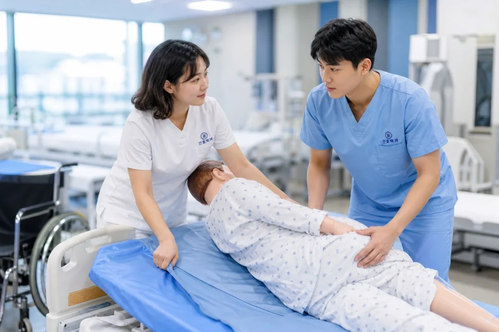 흰색과 연한 블루 간호복을 입은 두 명의 간호학과 학생들이 병원 실습실에서 병상 양쪽에 서서 마네킹을 안전하게 이동시키거나 체위 변경하는 연습 중인 모습. 좌측 여학생은 마네킹 상체를 지지하고, 우측 남학생은 하체를 지지하며 서로 협력하여 안전한 환자 이동 기술을 연습 중. 무릎을 약간 구부리고 허리를 곧게 펴 올바른 신체역학 자세. 옆에 이동 벨트와 휠체어가 보이며 밝은 병원 실습실 배경.