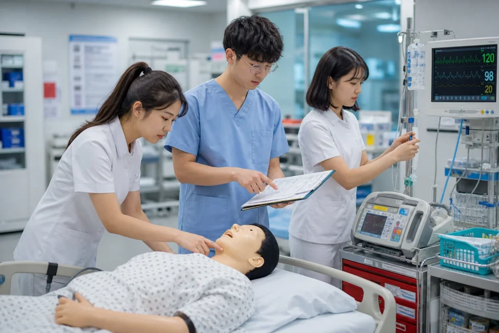 흰색과 연한 블루 간호복을 입은 세 명의 간호학과 학생들이 시뮬레이션 실습실에서 환자 시뮬레이터 마네킹 주변에 모여 응급 상황 훈련 중인 모습. 좌측 여학생은 환자의 손목이나 목에서 맥박 확인 중, 중앙 남학생은 차트의 활력징후를 읽으며 환자를 보고 있고, 우측 여학생은 모니터와 링거를 조작 중. 모두 자연스러운 작업 자세로 팀 협업. 주변에 제세동기, 산소 장비, 약물 카트가 보이며 밝은 시뮬레이션 센터 배경.